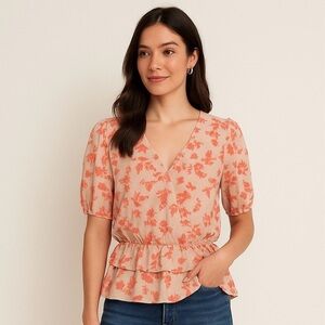 NWOT Kaileigh Floral Faux Wrap Peplum Blouse Size Large